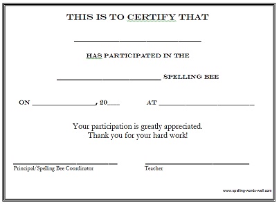spelling bee certificate 1 for participant