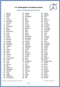 175 Kindergarten Vocabulary Words