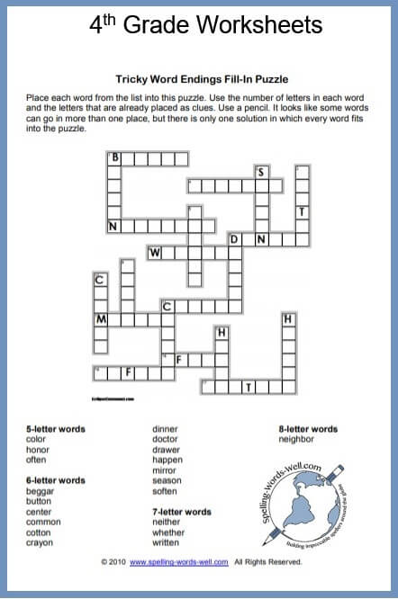 4th Grade Worksheets and Spelling Puzzles