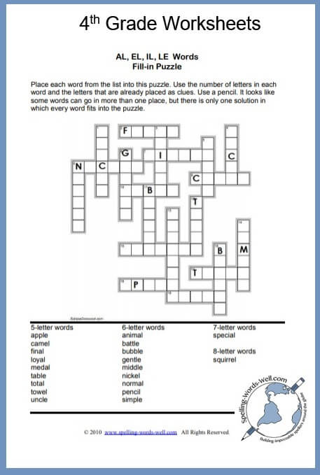4th Grade Worksheets and Spelling Puzzles