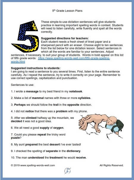 5th grade lesson plans for spelling dictation, from www.spelling-words-well.com