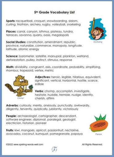 5th Grade Vocabulary Words