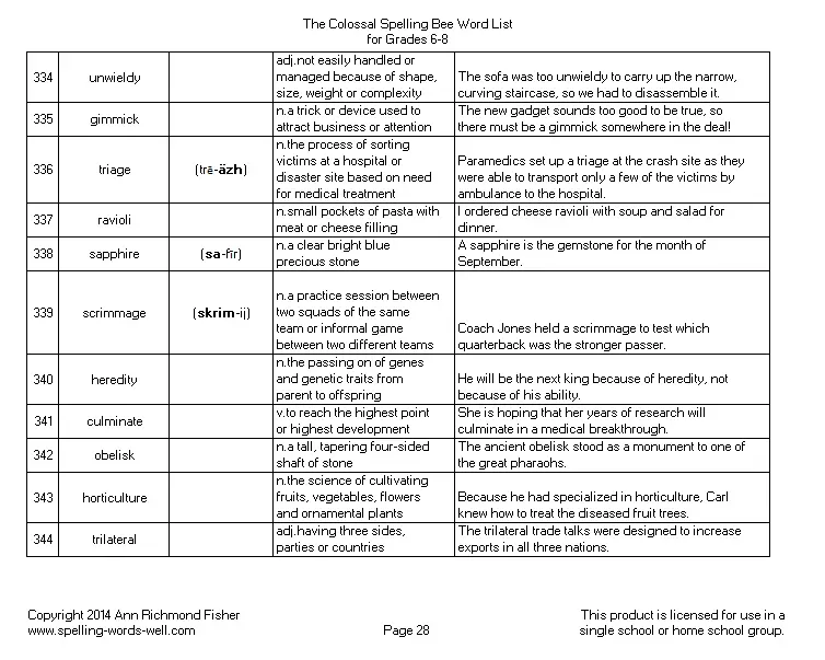 Colossal Spelling Bee sample page