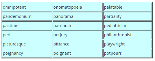 a portion of our 9th grade spelling word list