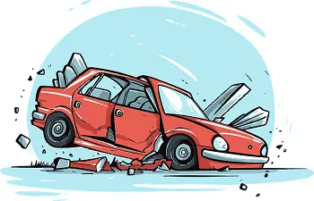 Red car that's been in an accident and has been turned into wreckage accident with red car