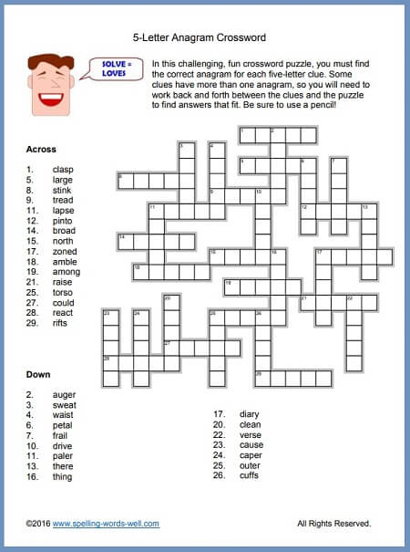 Anagram Crossword, one of the challenging free crossword puzzles from www.spelling-words-well.com