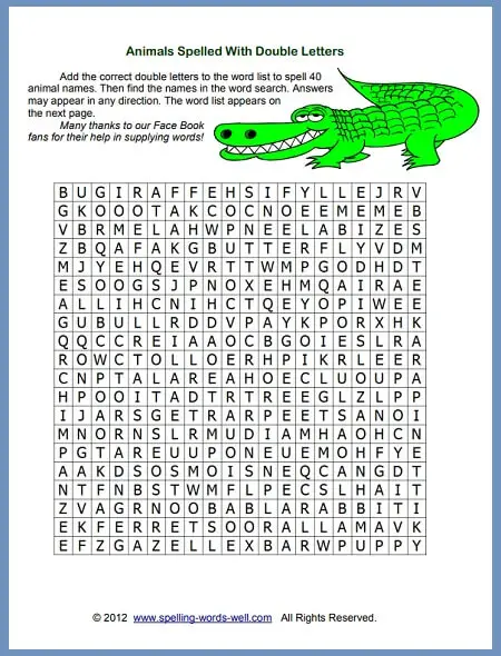 Animal Quizzes: Ours features double-letter animals in a word search puzzle!