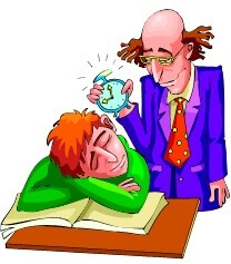 Student asleep at desk while teacher holds an alarm clock over his head