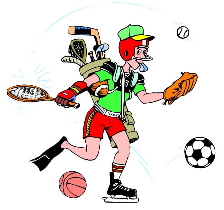 Athlete holding or juggling LOTS of different sports equipment