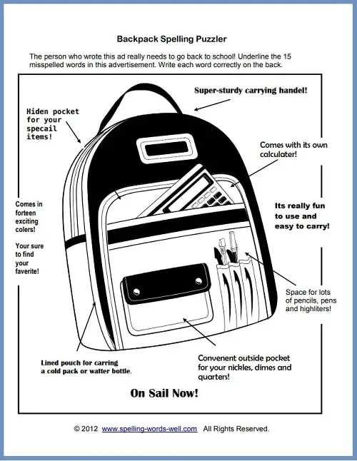 Back to school worksheet: Backpack with lots of spelling errors