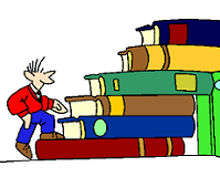 man walking up a big stack of books