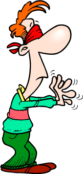 blindfolded cartoon man trying to feel his way forward