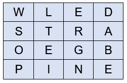 Blue 4 x 4 grid of letters used for one of our fun English Spelling Games