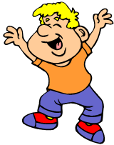 cartoony boy laughing and raising his hands