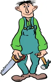 Cartoony carpenter with a hammer and a saw