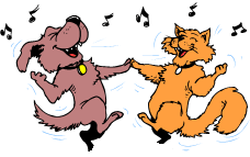 Cat and dog dancing to music, from our Easy Brain Teasers with Answers. Printable version or online version of 12 fun spelling #brainteasers available from #spellingwordswell