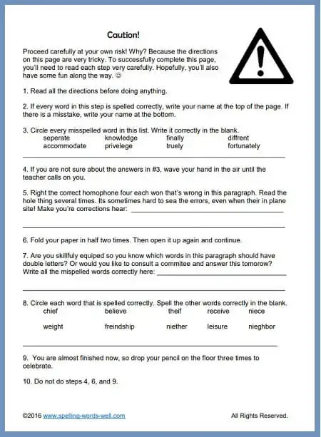Caution 6th grade worksheet