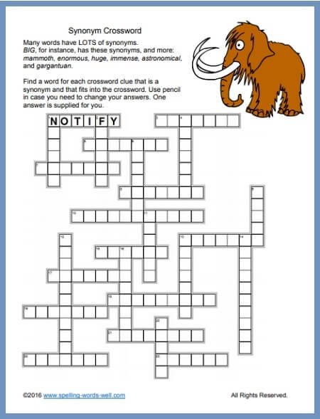 Crossword Printable Puzzle - Synonyms