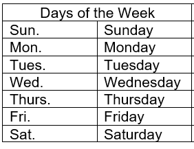 Abbreviations for days of the week