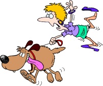 Woman with dog on leash, pulling his owner behind him