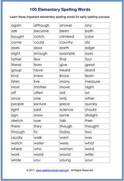 100 Important Elementary Spelling Words
