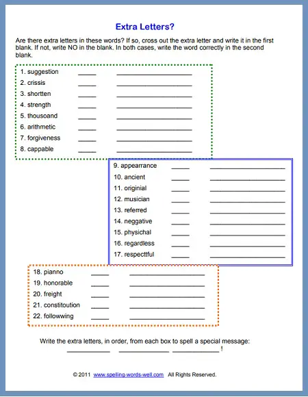 Extra Letters, a free printable spelling worksheet from SpellingWordsWell