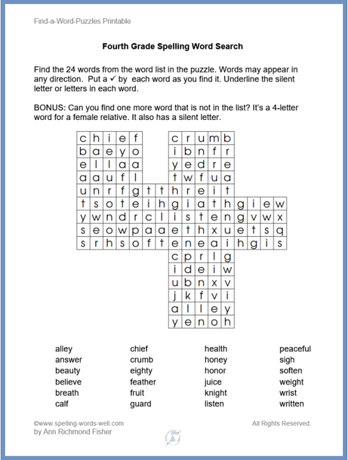 Find a Word Puzzles Printable with 4th grade spelling words