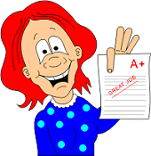 red-haired girl holding up a worksheet marked A+