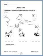 Free Kindergarten Worksheets : Animal paths with Fox, Cat and Bug