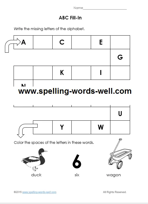 Free printable kindergarten worksheets : ABC Fill-In pages