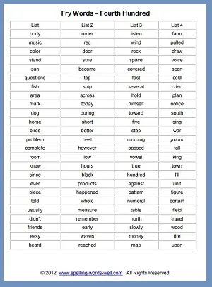 instant spelling words for writing