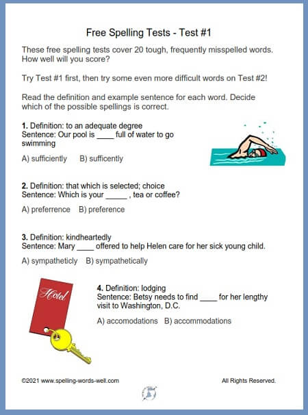 Free Spelling Tests, Test #1, page 1 from www.spelling-words-well.com