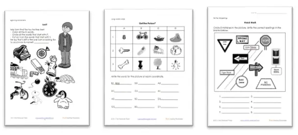 3 sample pages from Fun Spelling Worksheets