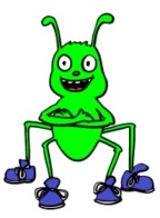 Green bug wearing blue shoes