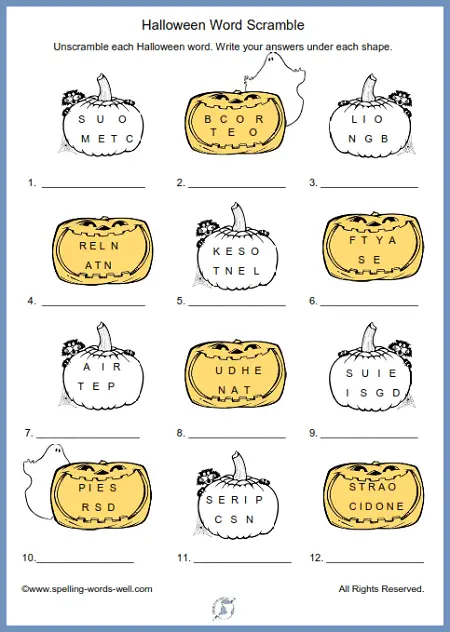 Here's a terrific Halloween Word Scramble for all ages. Find the printable page at www.spelling-words-well.com.