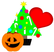 Holiday graphic with jack-o-lantern, Christmas tree and valentine