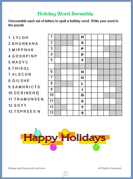 Fun holiday word scramble from www.spelling-words-well.com