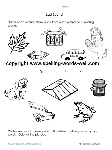 Kindergarten worksheet, "Last Sound," from www.spelling-words-well.com