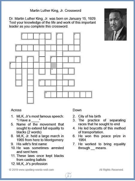 MLK Jr Crossword from Word-Game-World.com