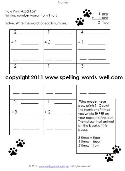 Paw Print Addition first grade worksheet