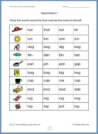 Word Match 1, one of the printable preschool worksheets from www.spelling-words-well.com
