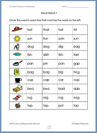 "Word Match" Printable Preschool Worksheets from www.spelling-words-well.com