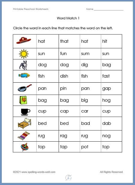Printable preschool worksheet - Word Match 1