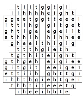 Word search puzzle in the shape of an 8, used for practicing the correct spelling of EIGHT. Find more spelling practice worksheets at www.spelling-words-well.com.