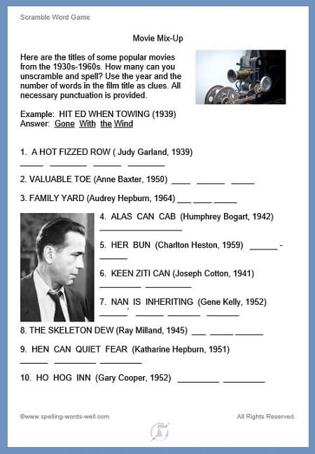 "Old Movie Titles" is a fun scramble word game from www.spelling-words-well.com