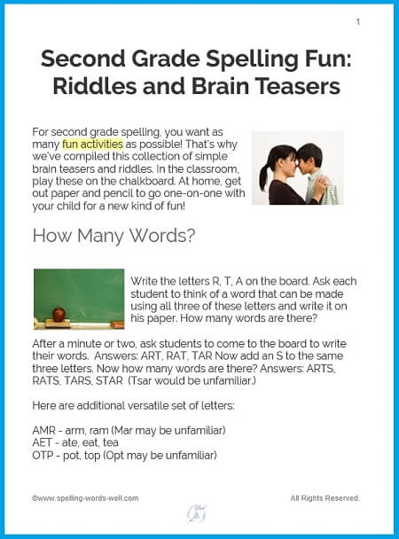 Second Grade Spelling Fun : Riddles & Brain Teasers, page 1 of 3 from www.spelling-words-well.com