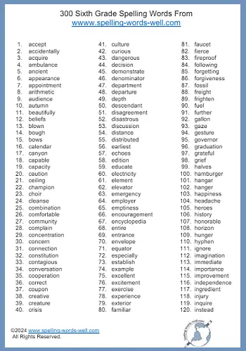 300 Sixth Grade Spelling Words - pg 1