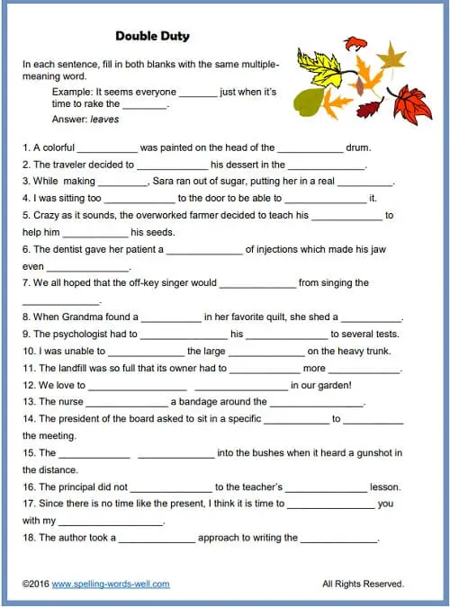 Sixth Grade Vocabulary Worksheet - Double Duty