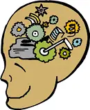 smiling human head with gears in motion in its brain