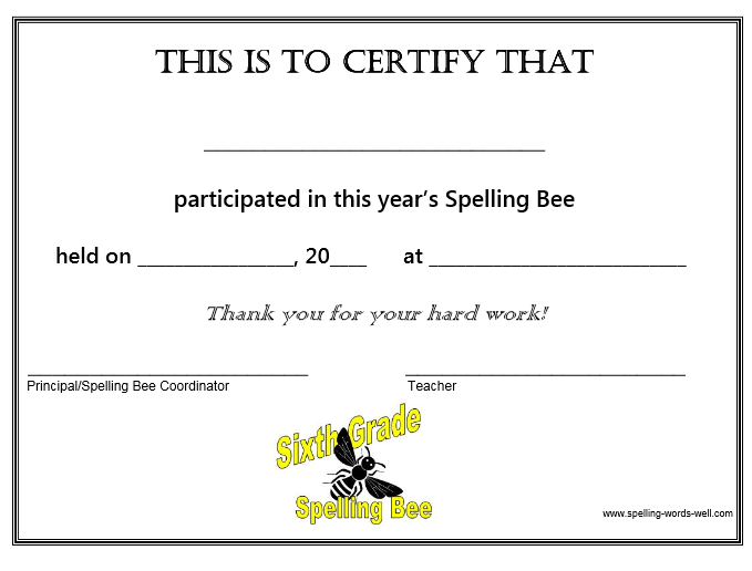 spelling bee certificate 6thgrade